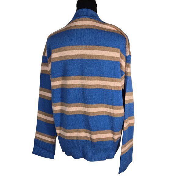 NWOT | Blue Tan Striped Button Up Cardigan Sweater Collarless Crewneck | Medium - Picture 2 of 5